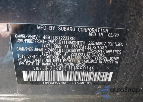 2020 Subaru Forester Premium z USA, uszkodzony, nr VIN JF2SKAGC1LH550145